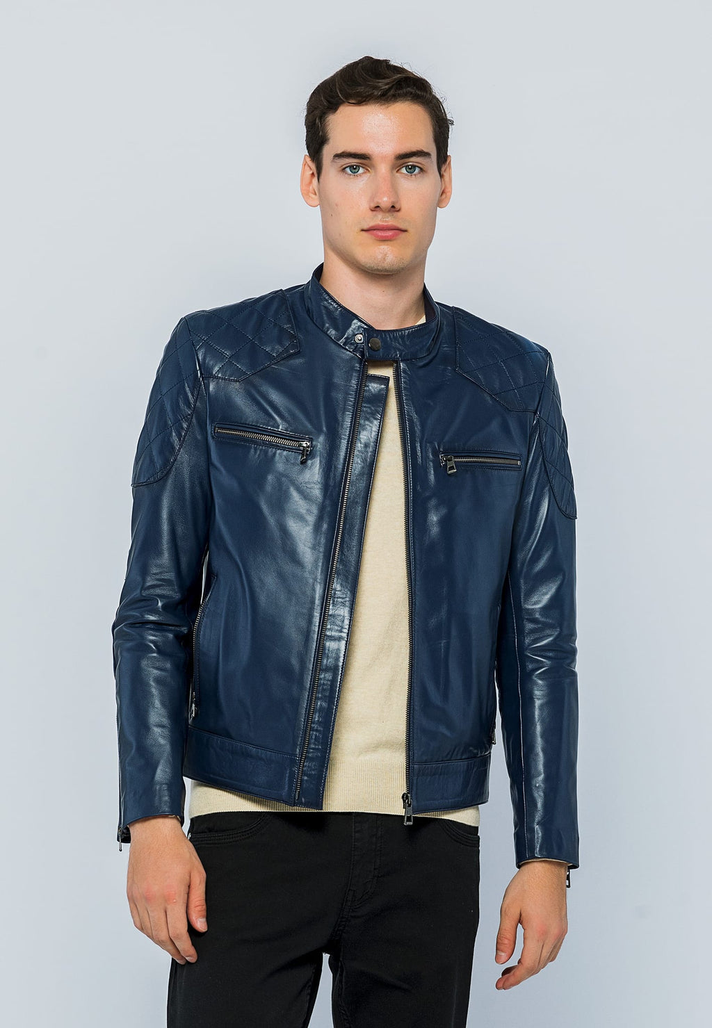 Erkek Biker Deri Ceket Koyu Mavi - Image 1