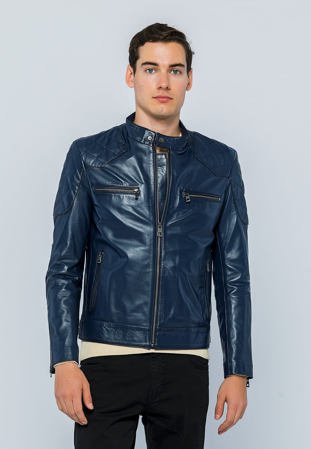 Erkek Biker Deri Ceket Koyu Mavi - Image 2