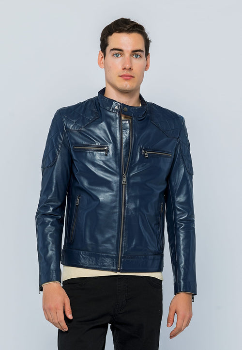 Erkek Biker Deri Ceket Koyu Mavi - Image 2
