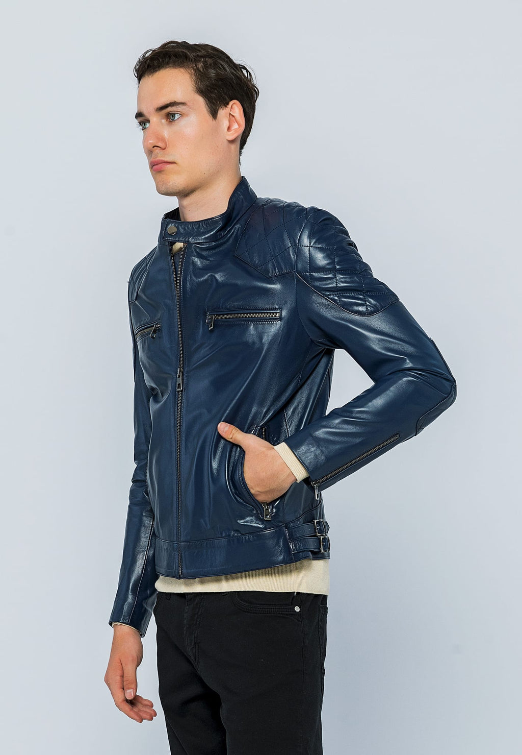 Erkek Biker Deri Ceket Koyu Mavi - Image 3