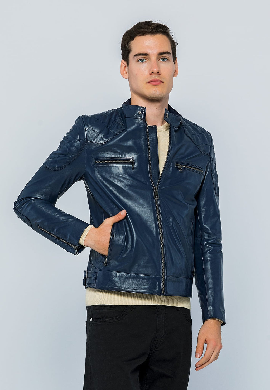 Erkek Biker Deri Ceket Koyu Mavi - Image 4