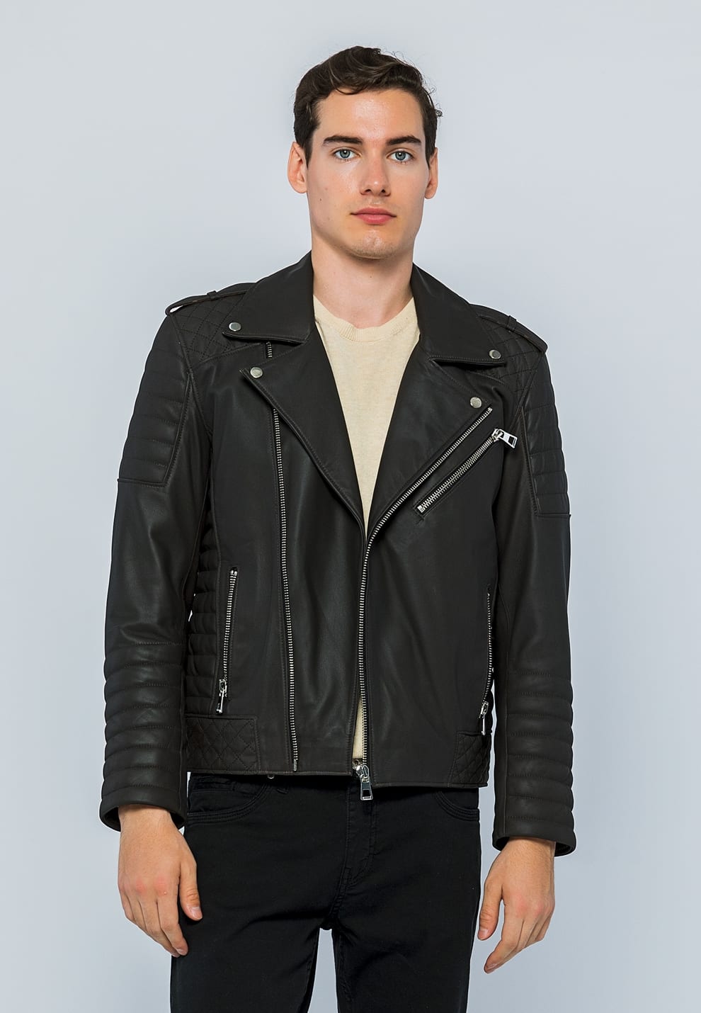 Erkek Biker Deri Ceket  Kahverengi - Image 1