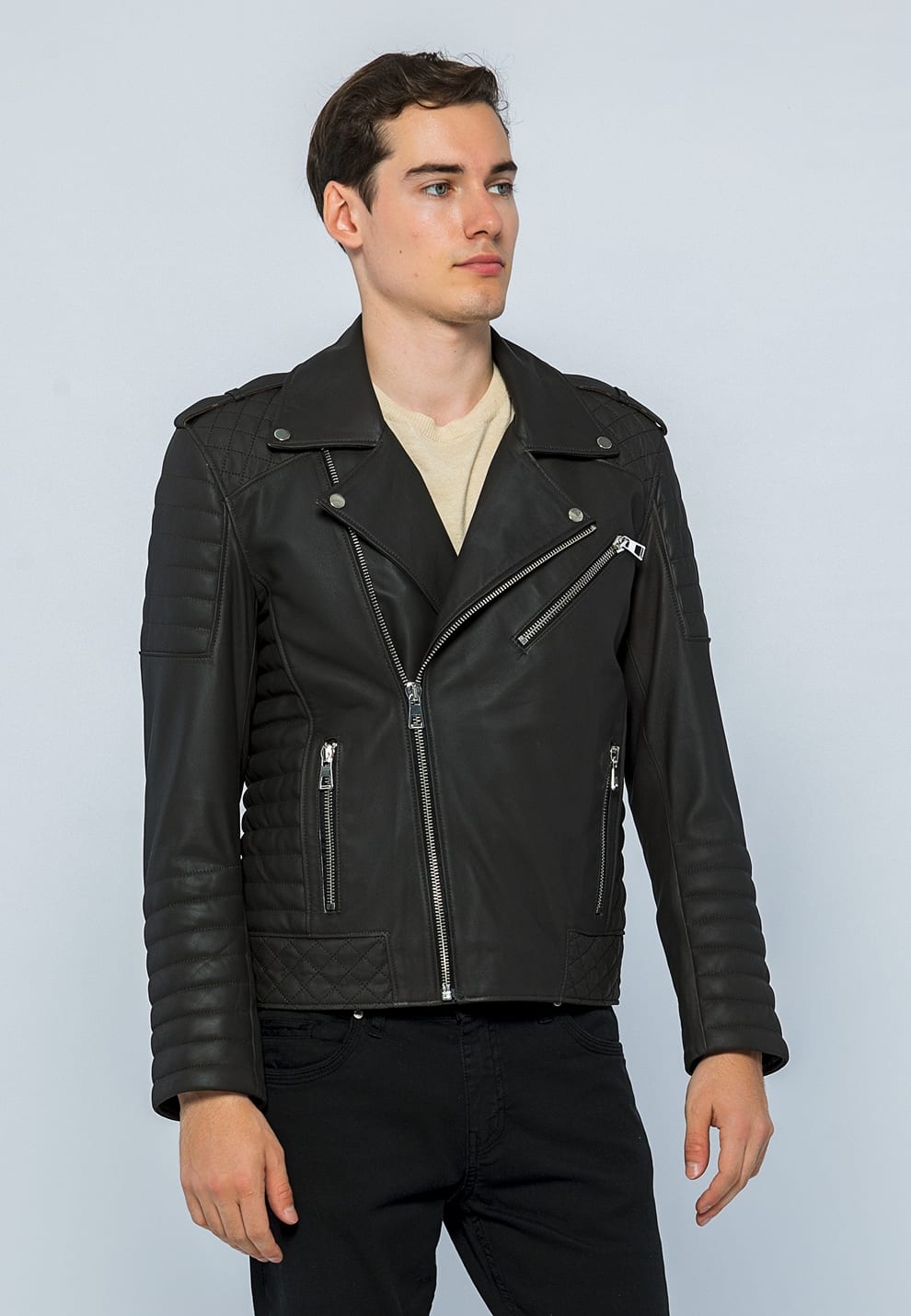 Erkek Biker Deri Ceket  Kahverengi - Image 2