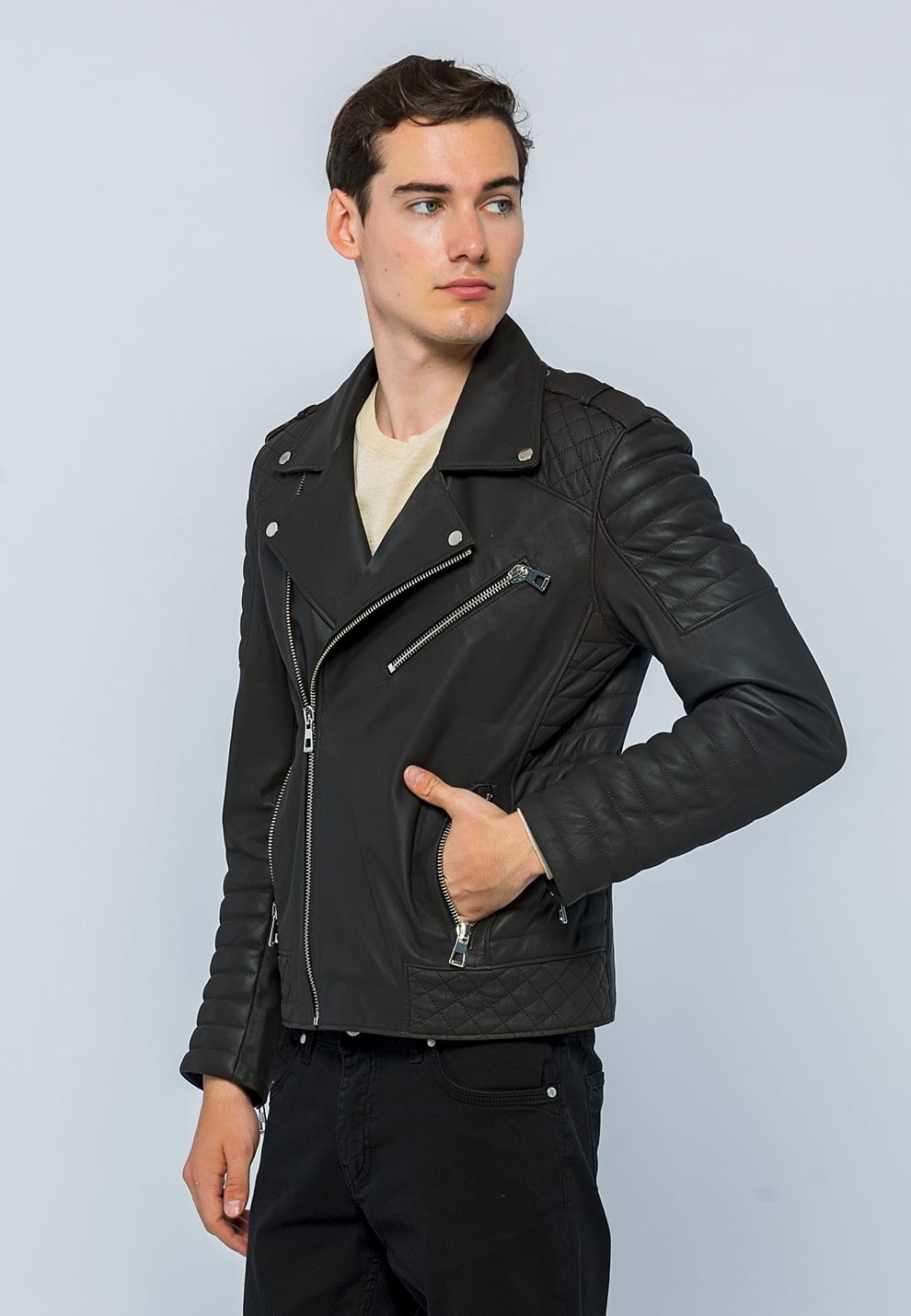 Erkek Biker Deri Ceket  Kahverengi - Image 3