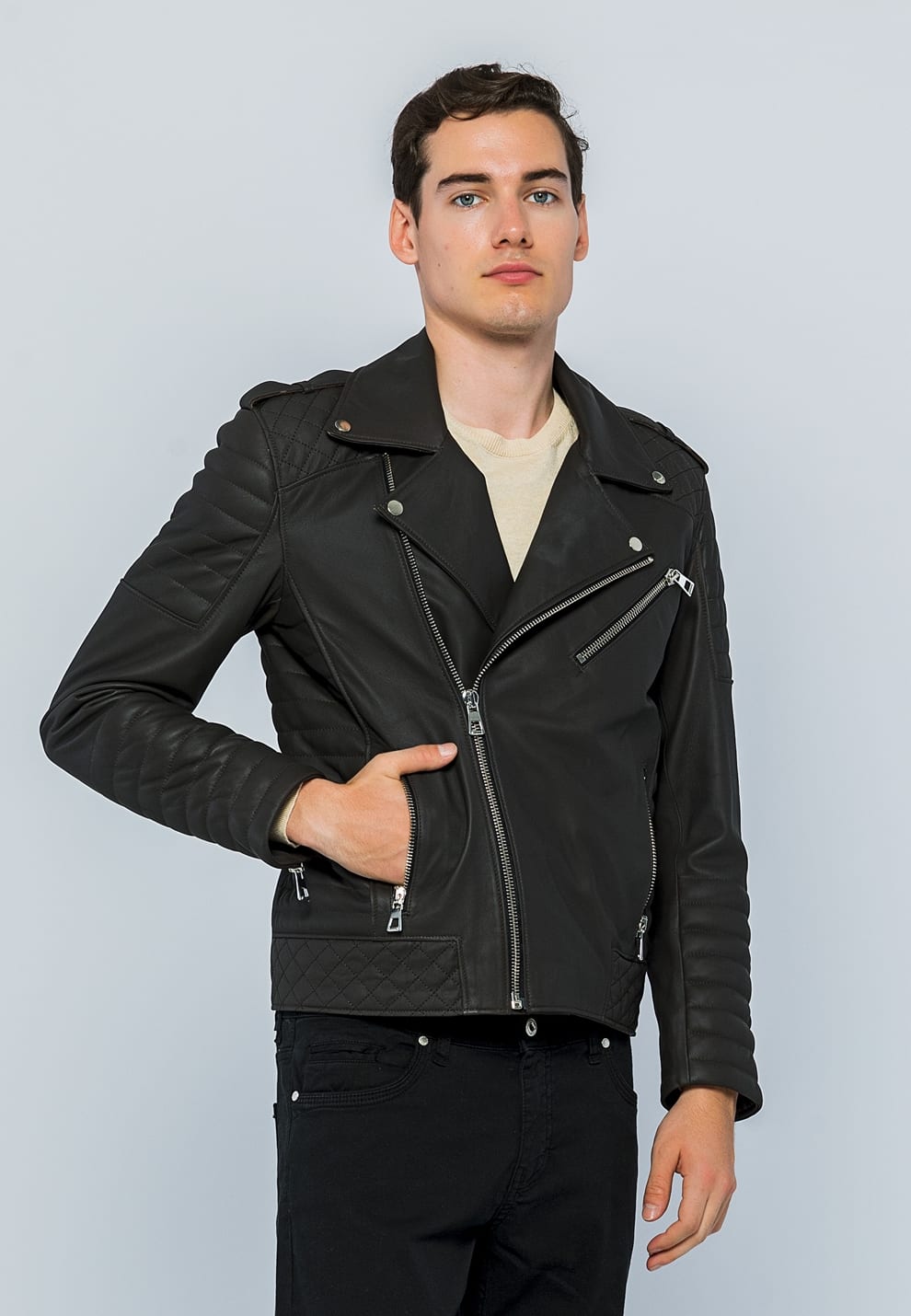 Erkek Biker Deri Ceket  Kahverengi - Image 4