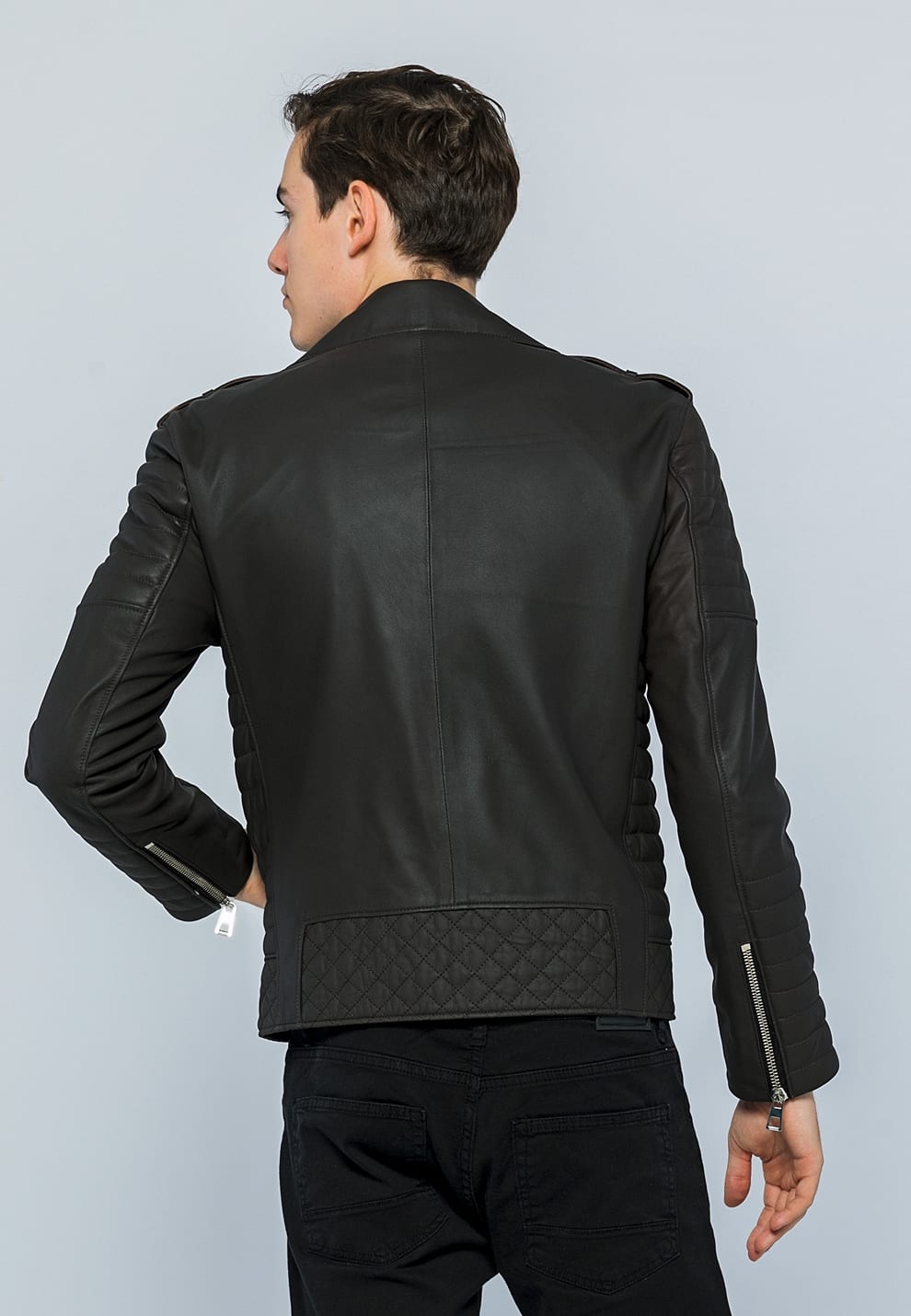Erkek Biker Deri Ceket  Kahverengi - Image 5