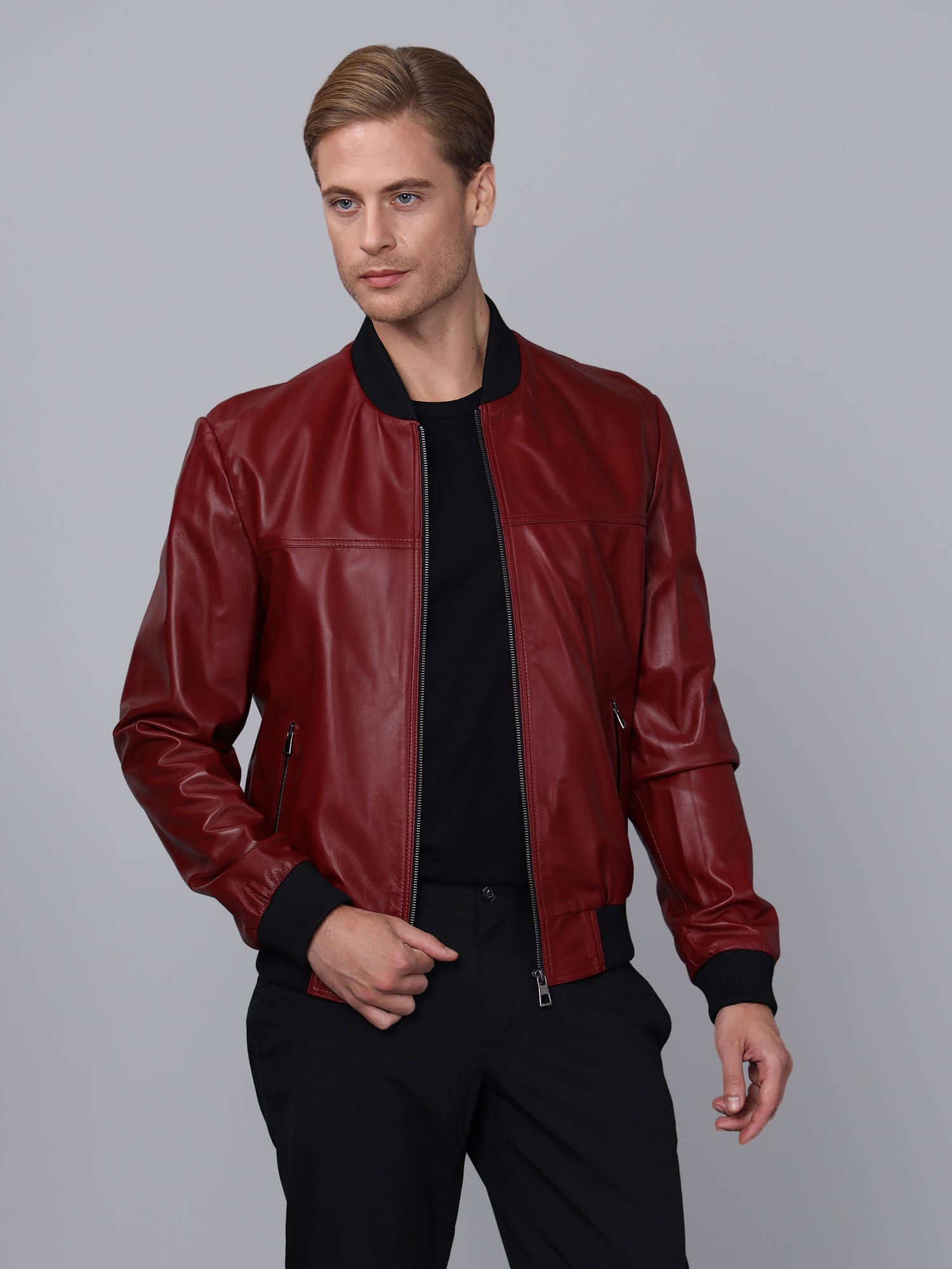 Erkek Kolej Model Deri Ceket  Bordo - Image 1