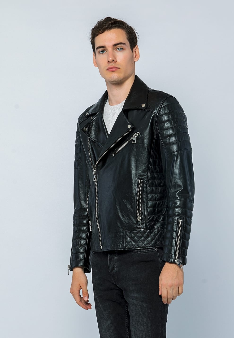 Erkek Biker Deri Ceket  Siyah - Image 3