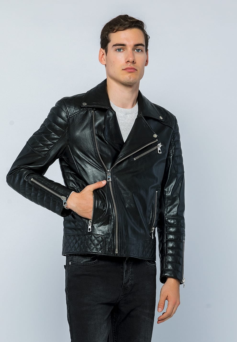 Erkek Biker Deri Ceket  Siyah - Image 4