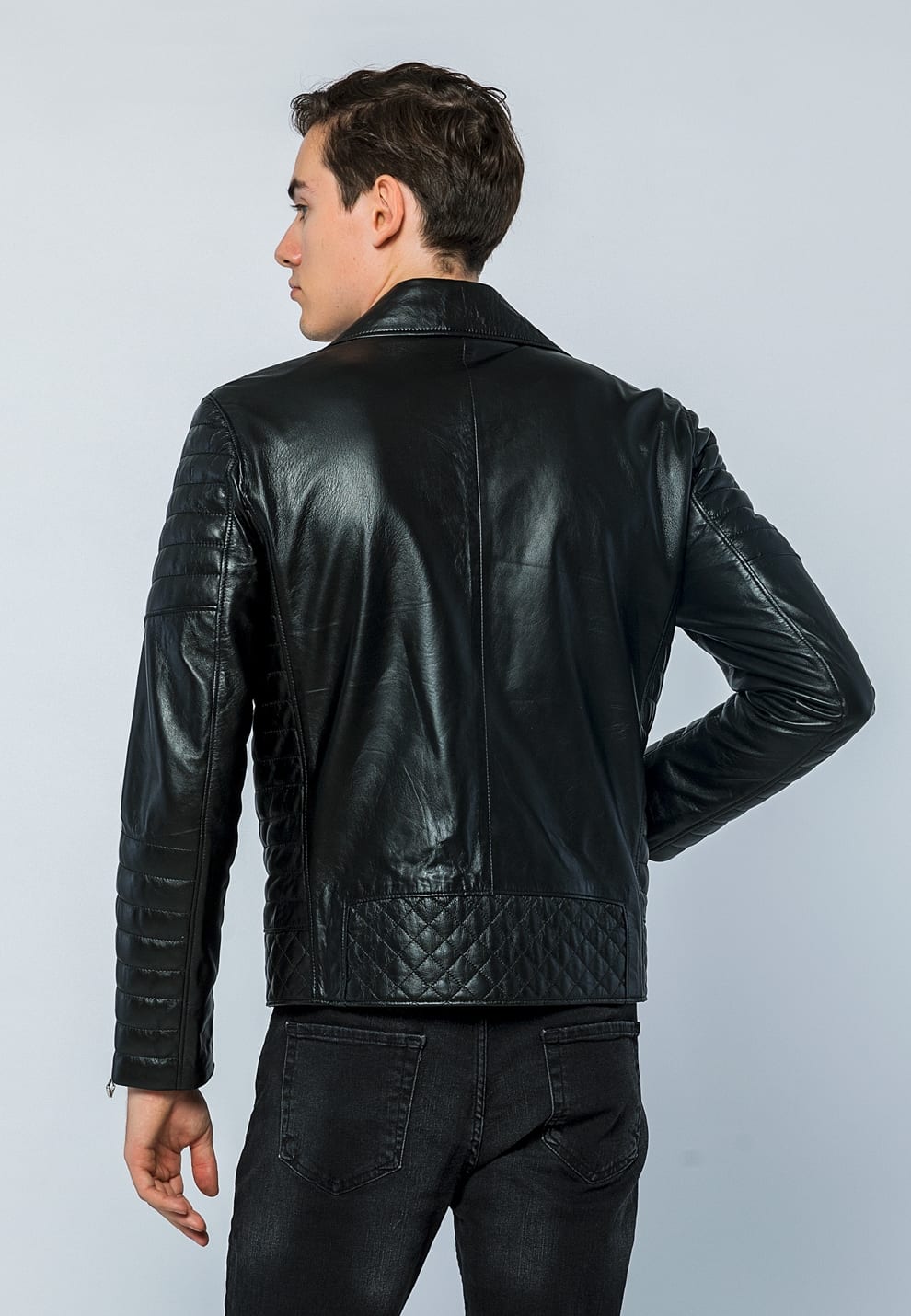 Erkek Biker Deri Ceket  Siyah - Image 5
