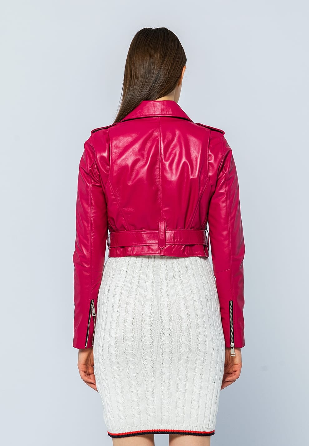 Kadin Kemerli Kisa Deri Ceket Fusya - Image 6