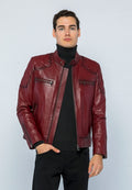 Erkek Biker Deri Ceket Acik Bordo - Image 1