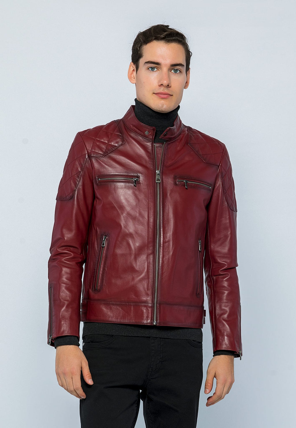 Erkek Biker Deri Ceket Acik Bordo - Image 2