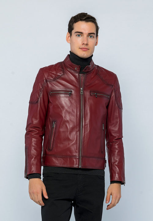 Erkek Biker Deri Ceket Acik Bordo - Image 2