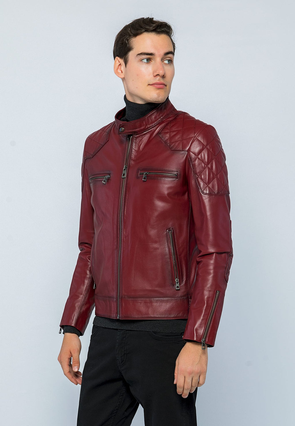 Erkek Biker Deri Ceket Acik Bordo - Image 3