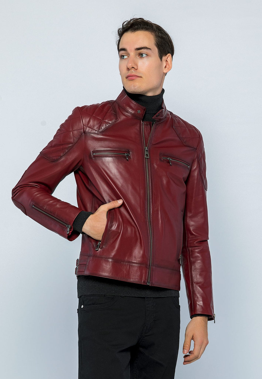 Erkek Biker Deri Ceket Acik Bordo - Image 4