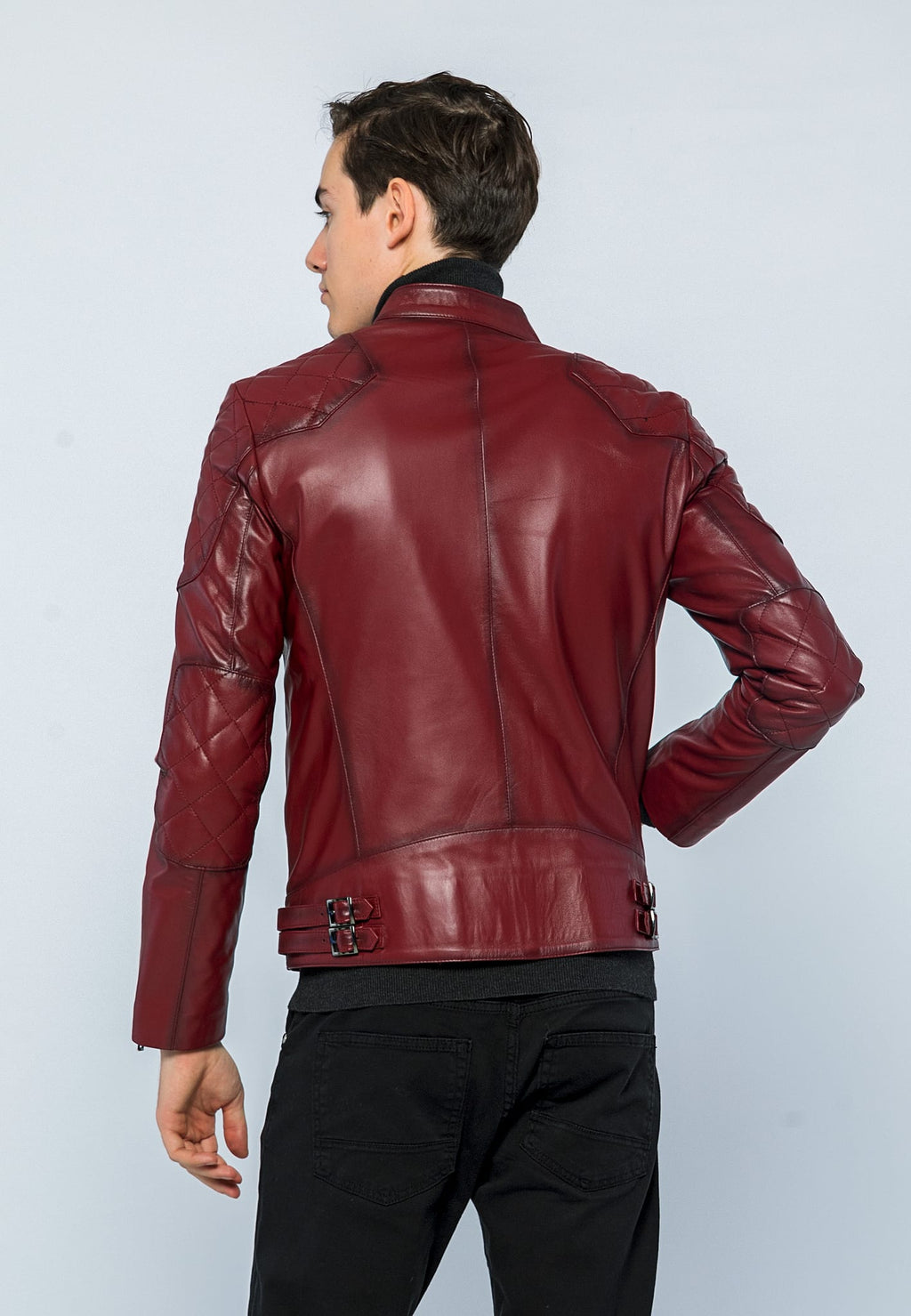 Erkek Biker Deri Ceket Acik Bordo - Image 5