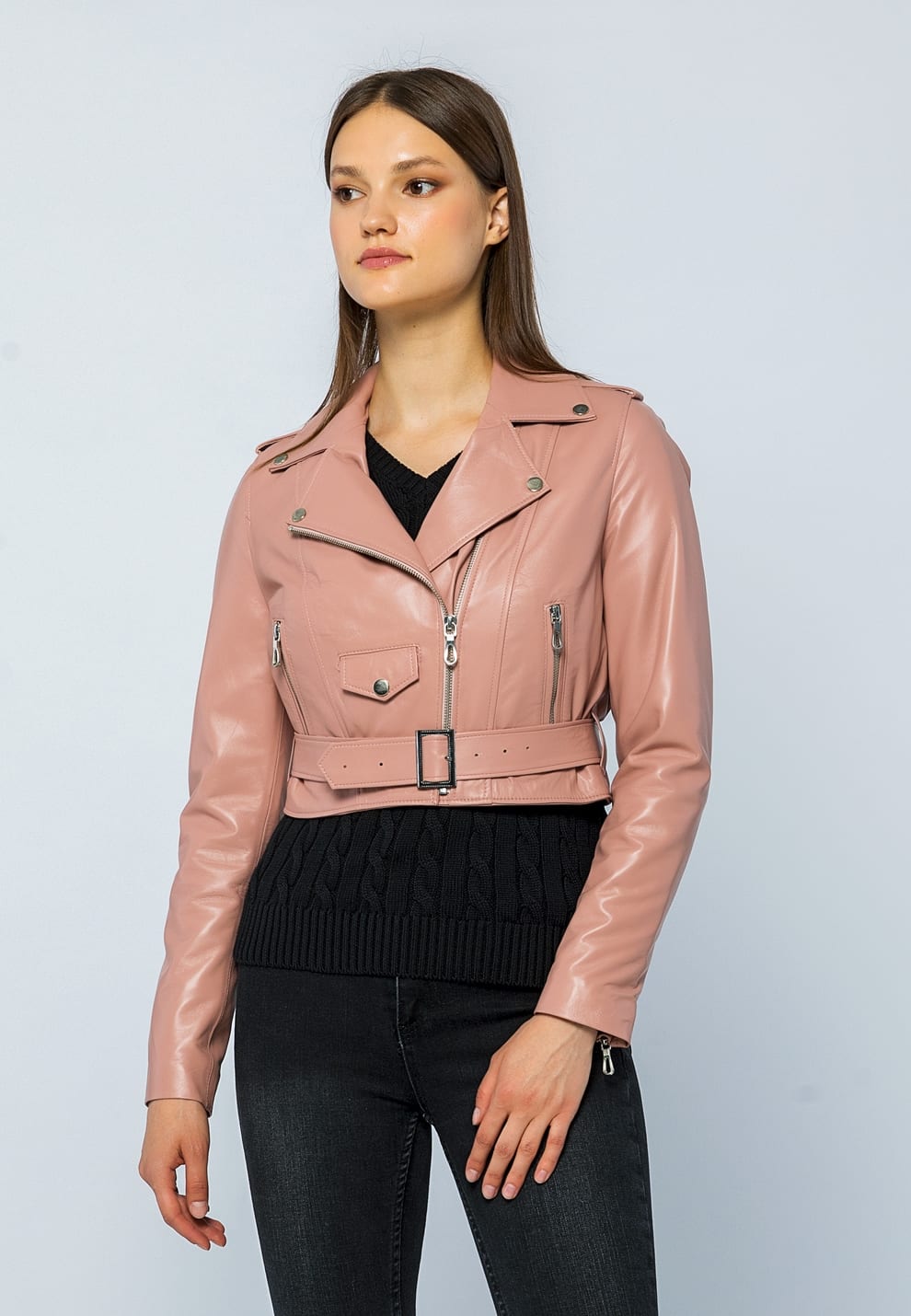 Kadin Kemerli Kisa Deri Ceket Acik Pembe - Image 3