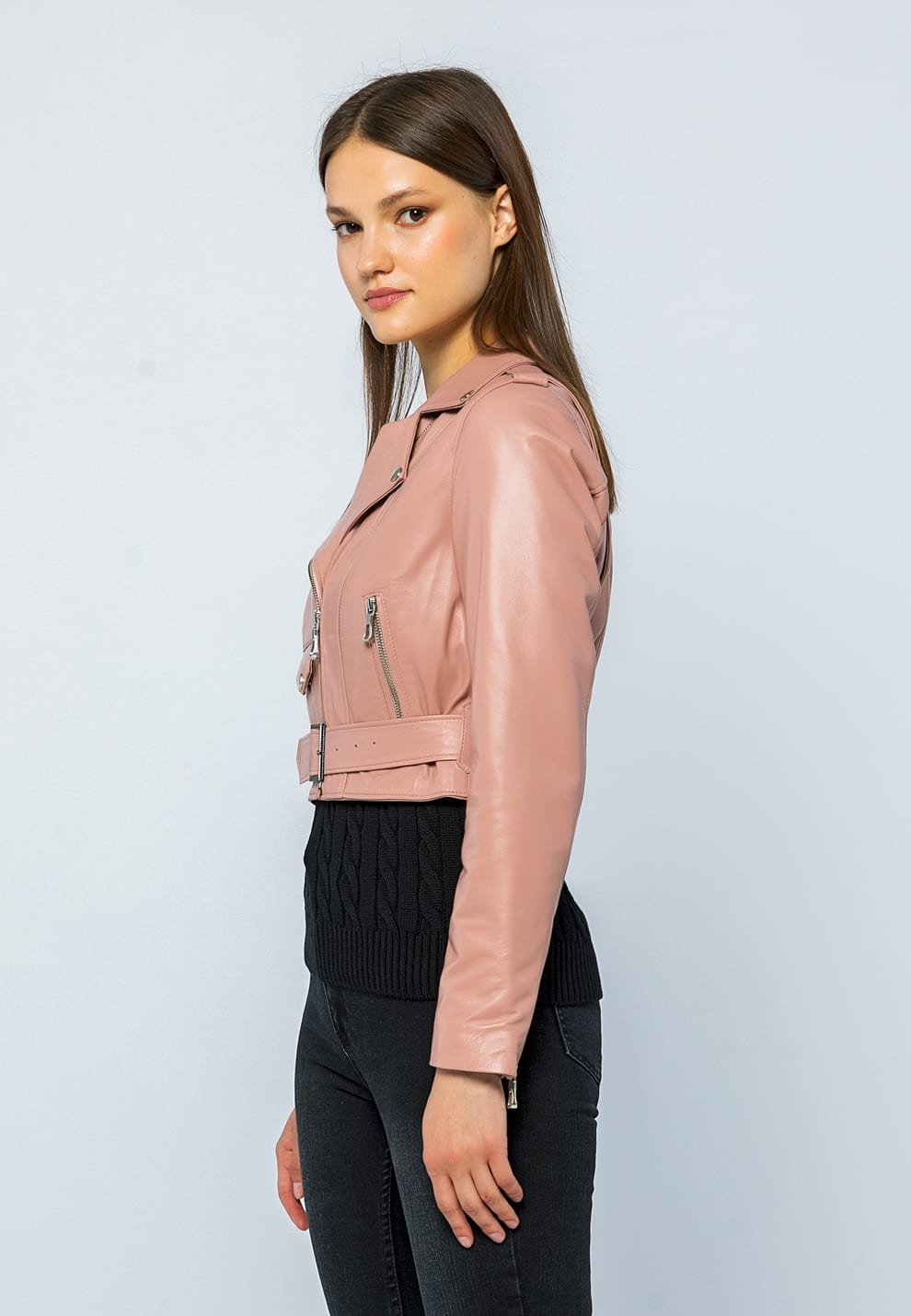 Kadin Kemerli Kisa Deri Ceket Acik Pembe - Image 4