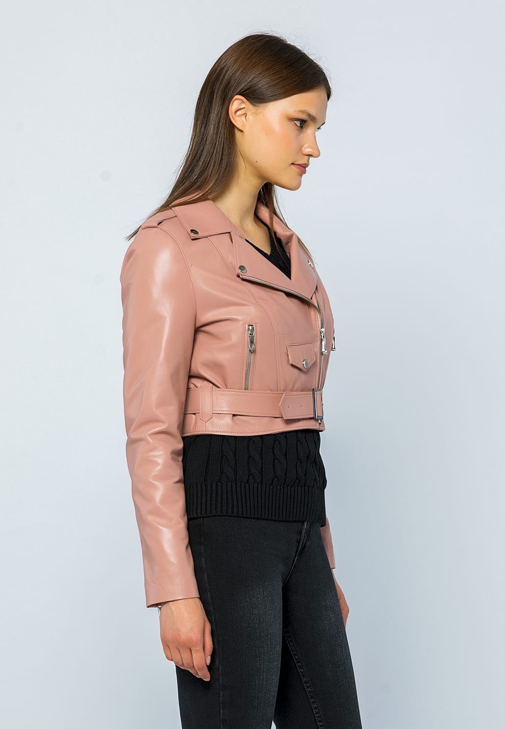 Kadin Kemerli Kisa Deri Ceket Acik Pembe - Image 5