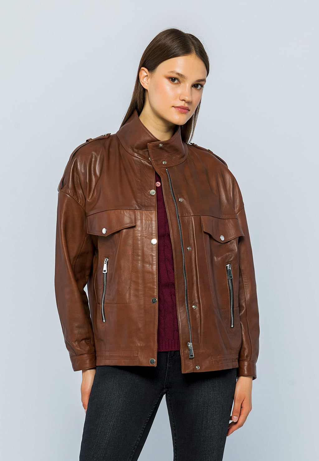 Kadin Oversize Deri Ceket Kestane - Image 1