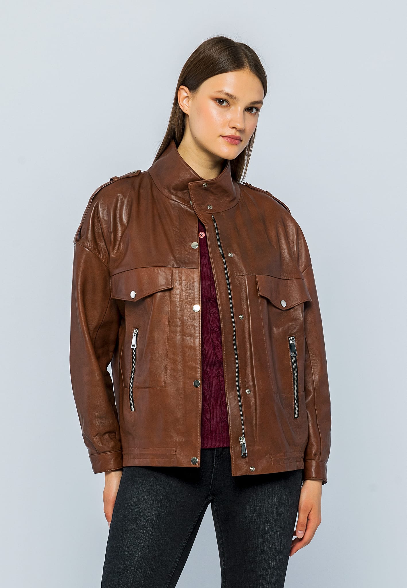 Kadin Oversize Deri Ceket Kestane - Image 1