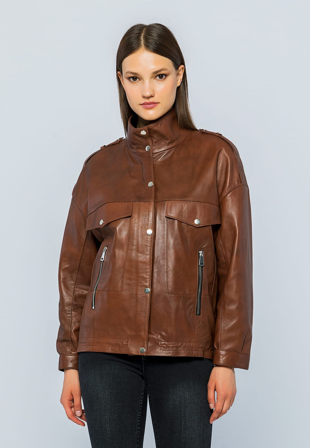 Kadin Oversize Deri Ceket Kestane - Image 2