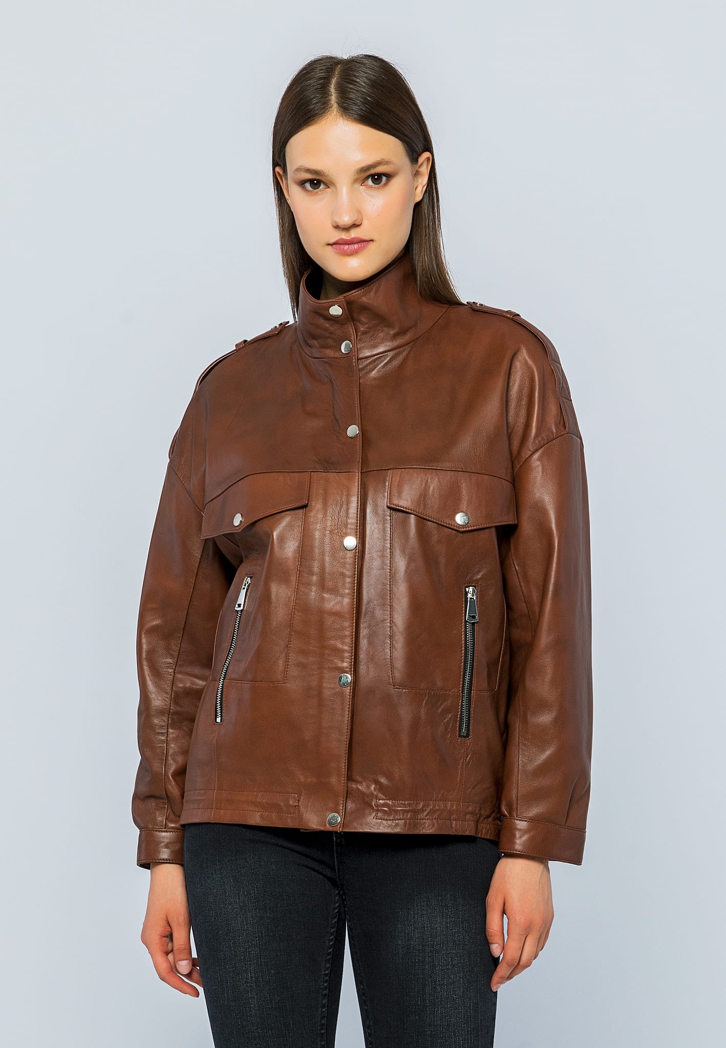 Kadin Oversize Deri Ceket Kestane - Image 2