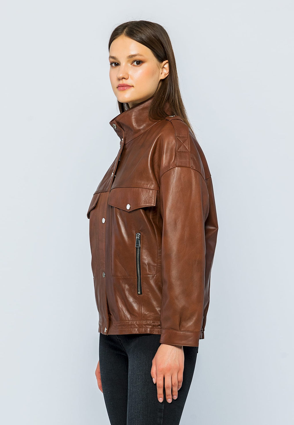 Kadin Oversize Deri Ceket Kestane - Image 3