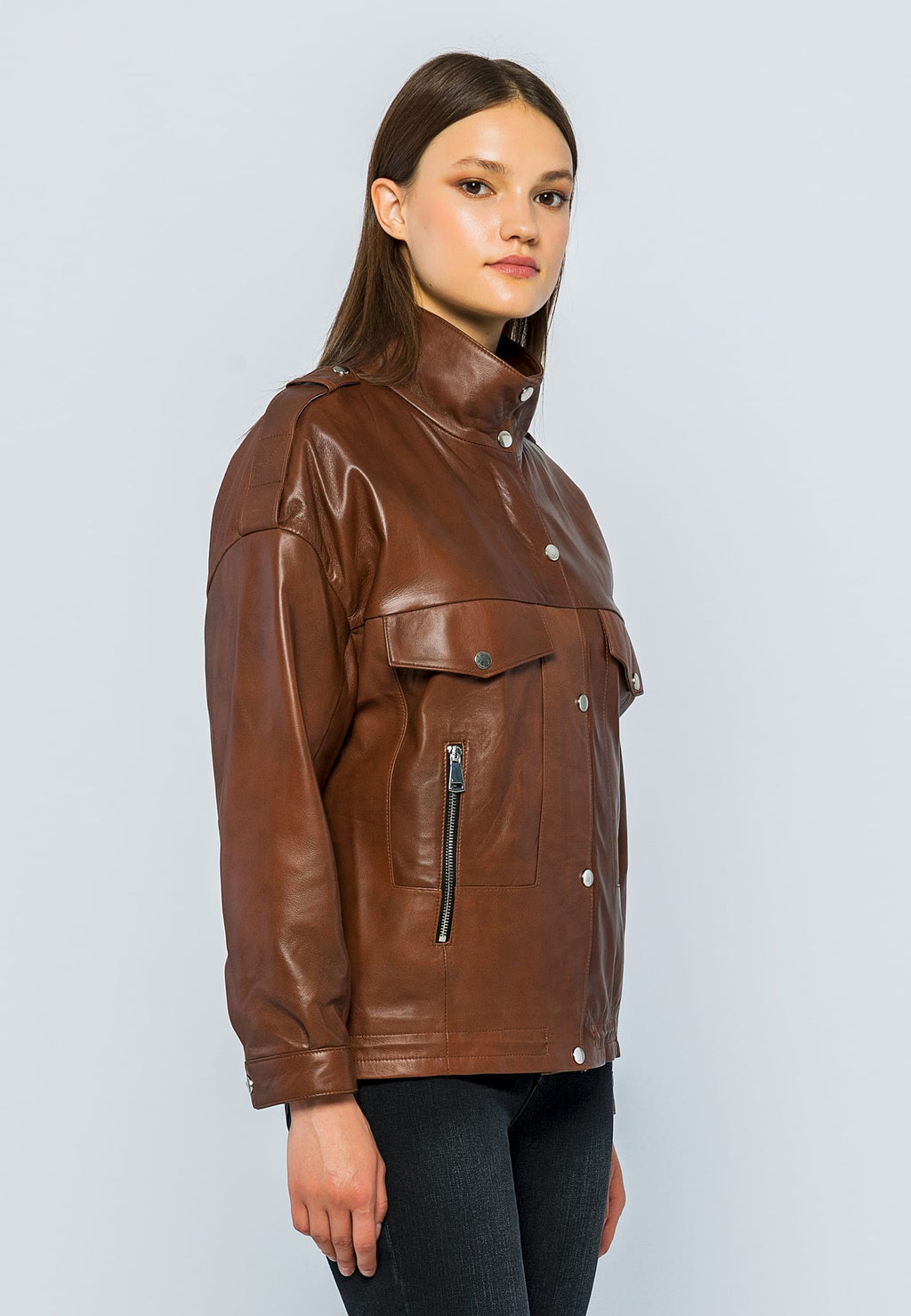 Kadin Oversize Deri Ceket Kestane - Image 4