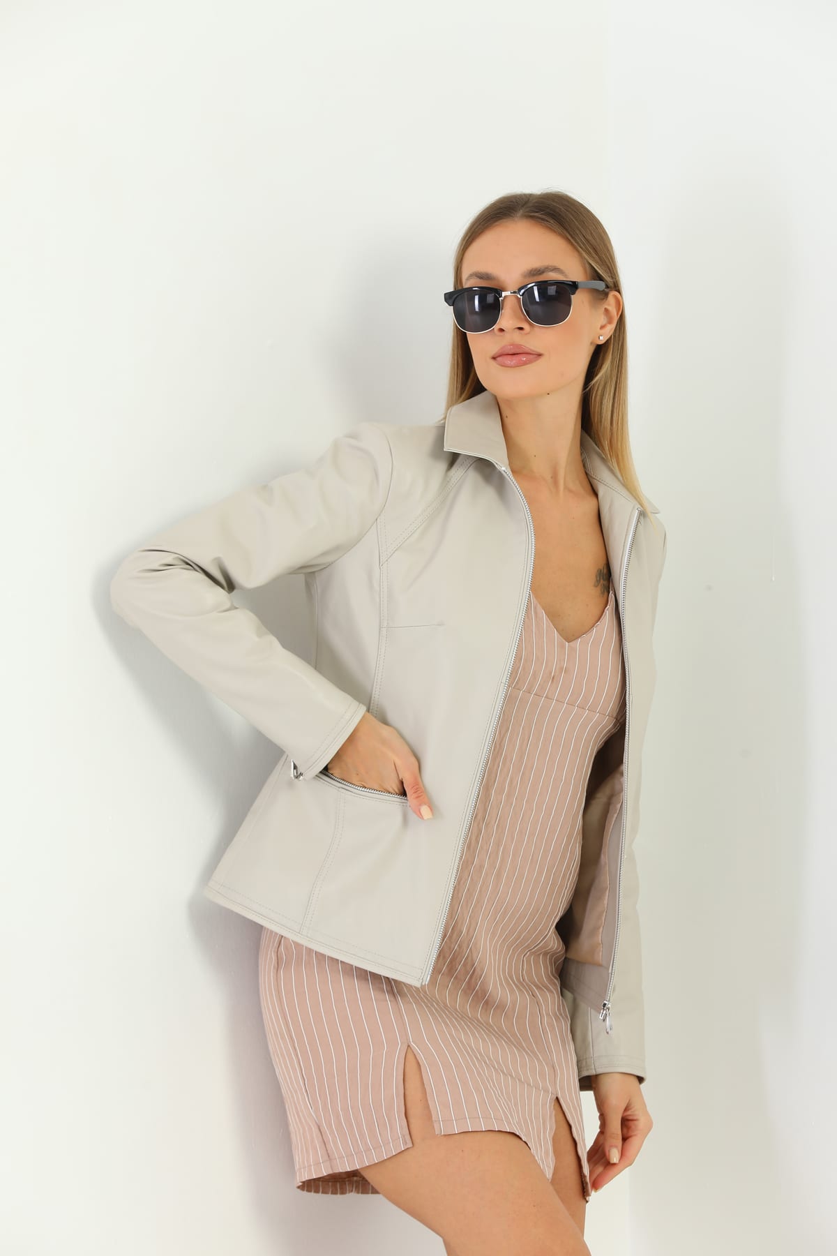 Kadin Deri Ceket  Bej - Image 6