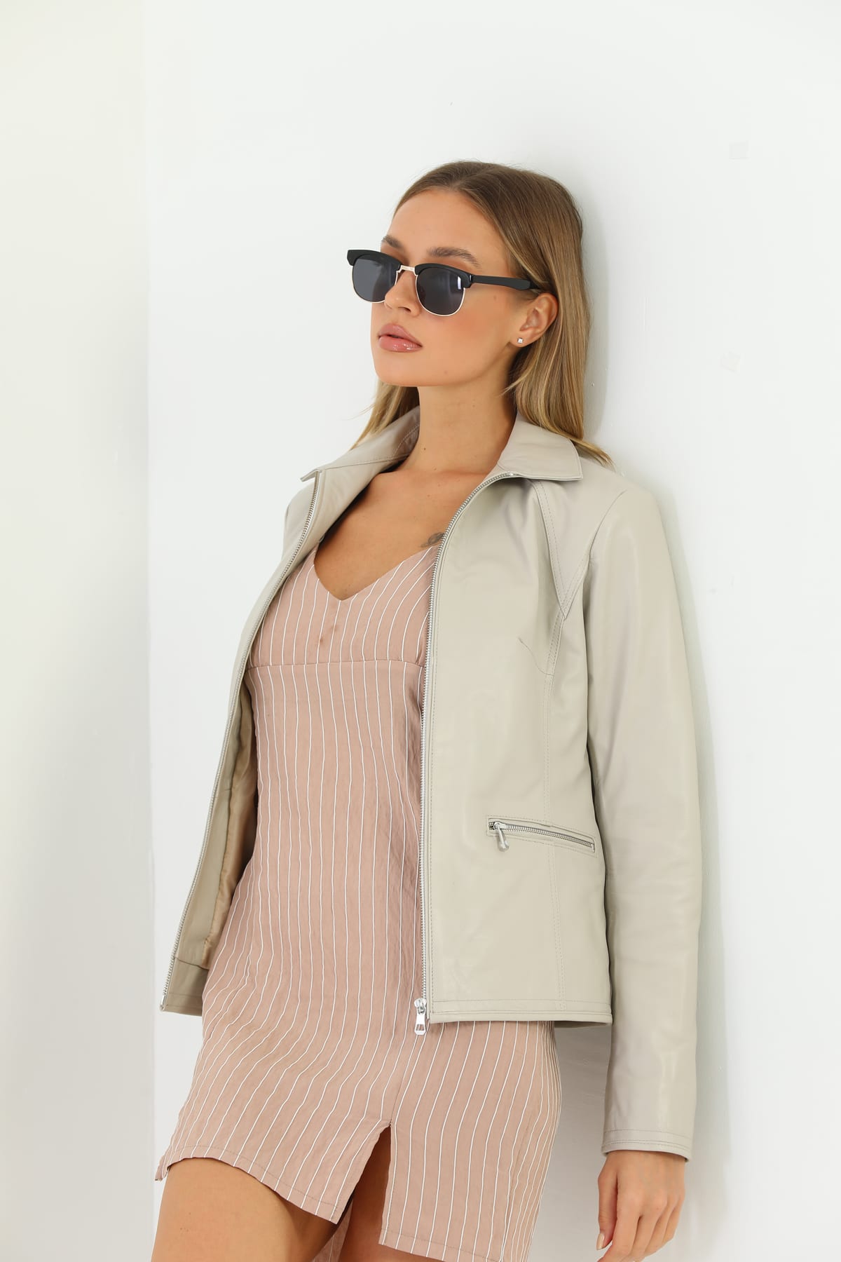 Kadin Deri Ceket  Bej - Image 8