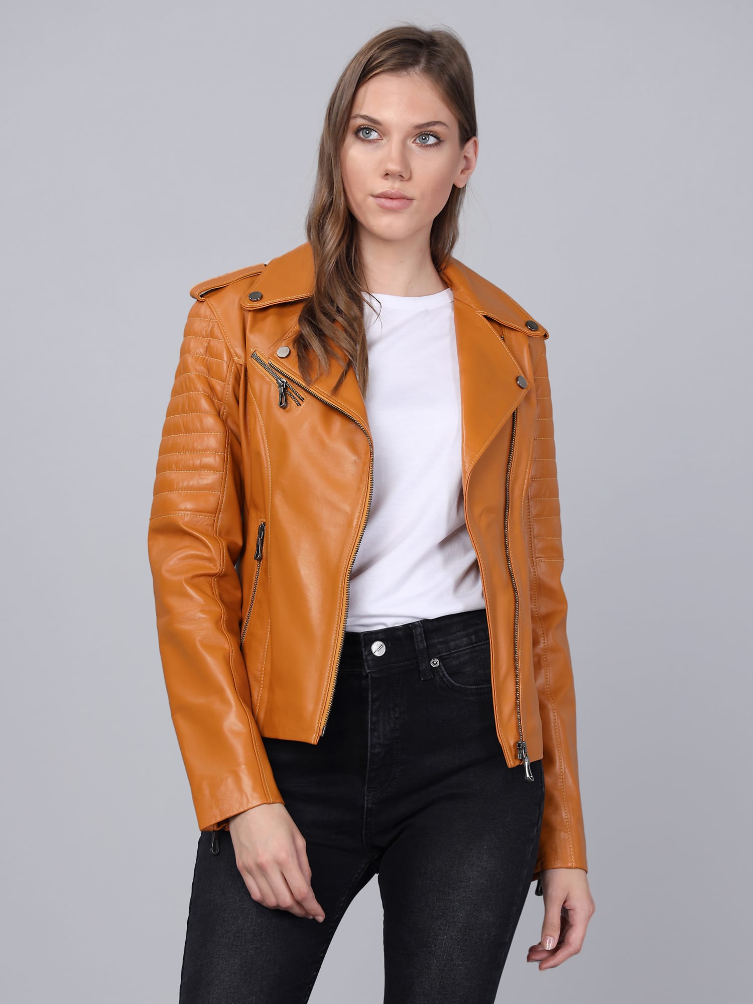 Kadin Biker Deri Ceket  Acik Kahverengi - Image 3