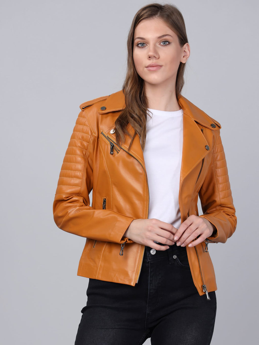 Kadin Biker Deri Ceket  Acik Kahverengi - Image 5