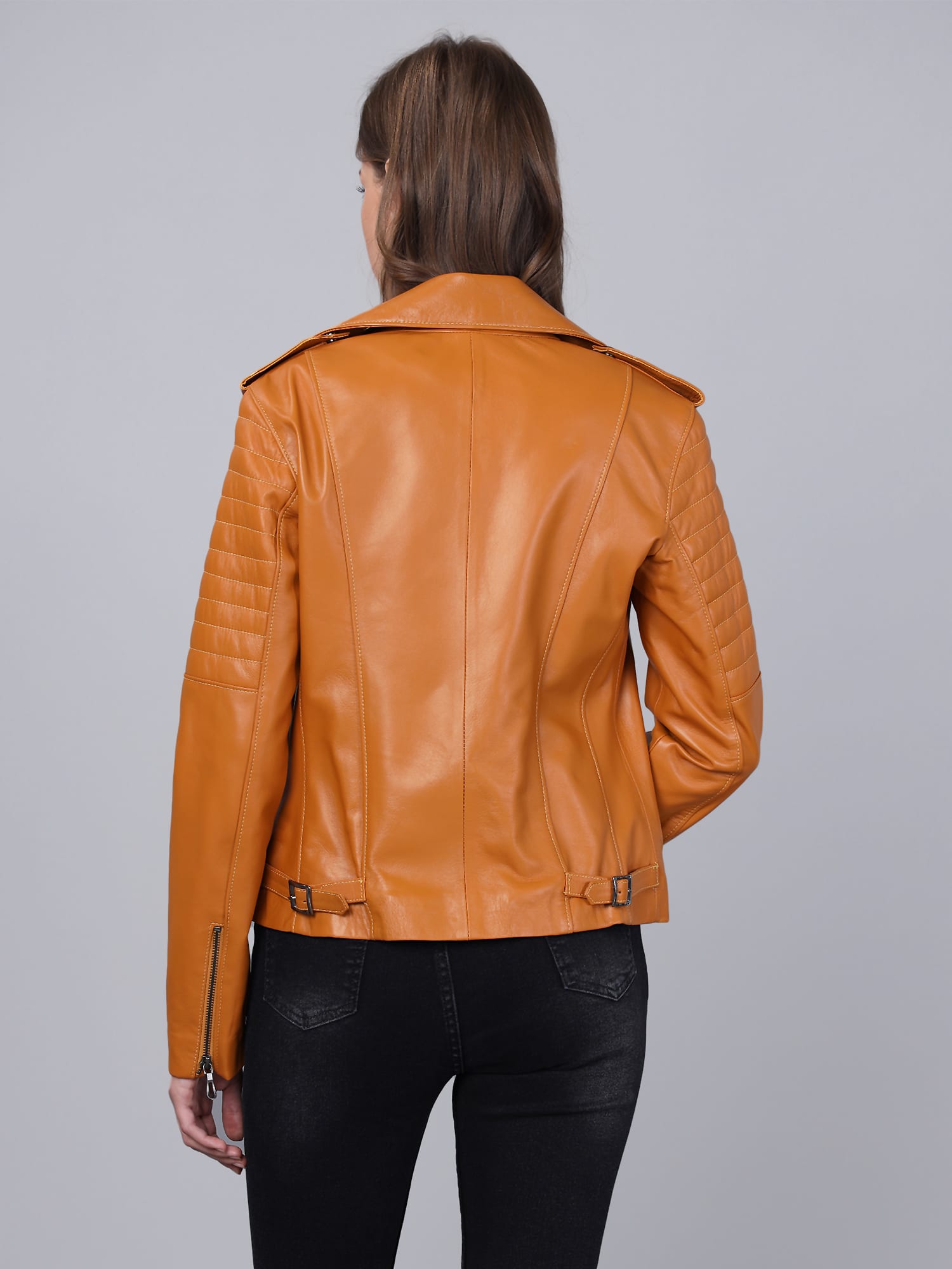 Kadin Biker Deri Ceket  Acik Kahverengi - Image 6