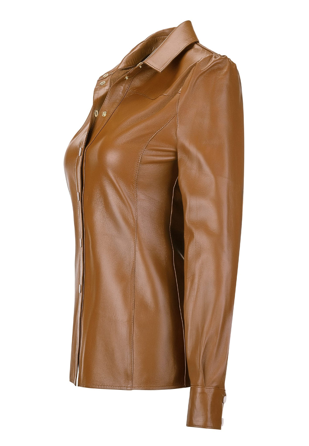 Kadin Cit Citli Deri Gomlek Acik Kahverengi - Image 3