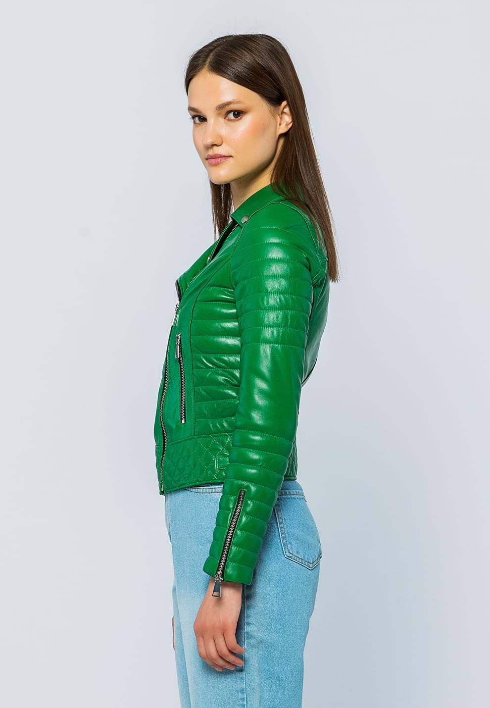 Kadin Motorcu Deri Ceket Yesil - Image 3