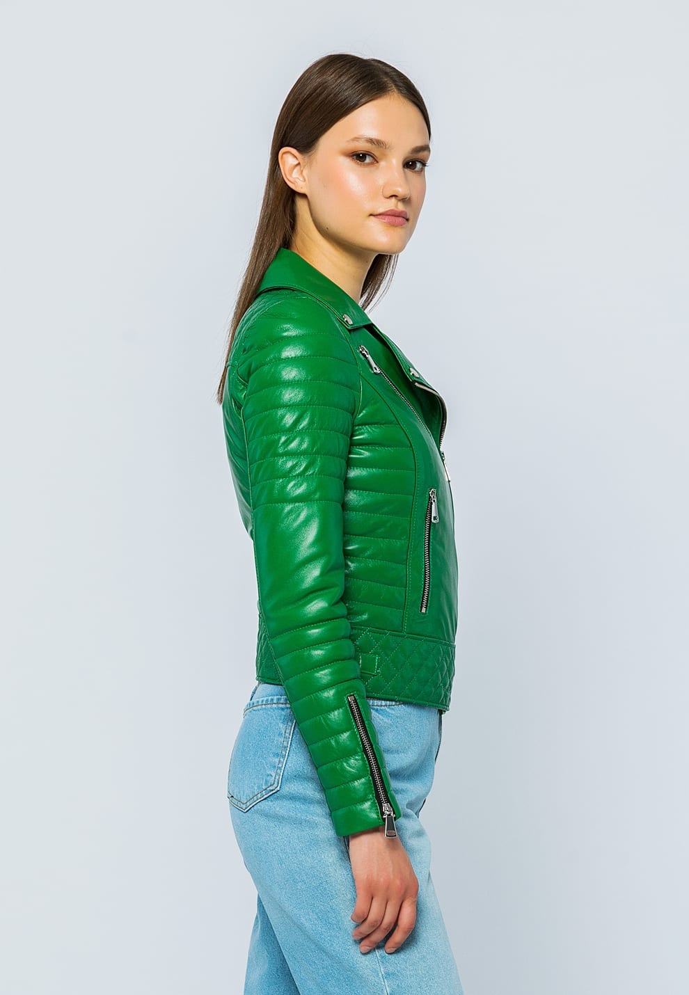 Kadin Motorcu Deri Ceket Yesil - Image 4