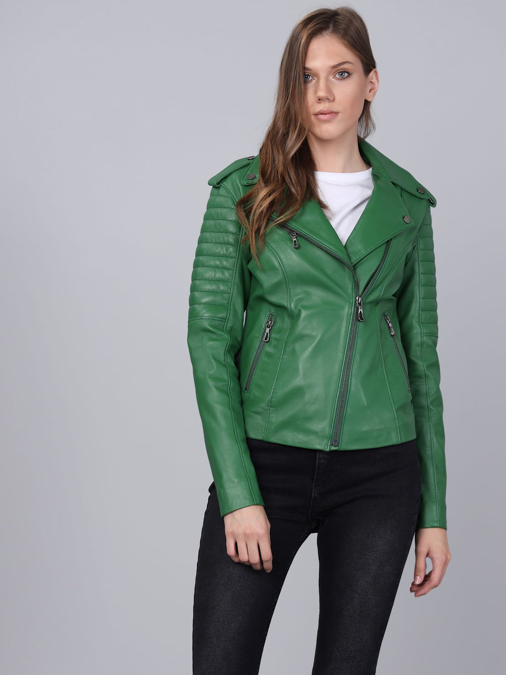 Kadin Biker Deri Ceket  Yesil - Image 1