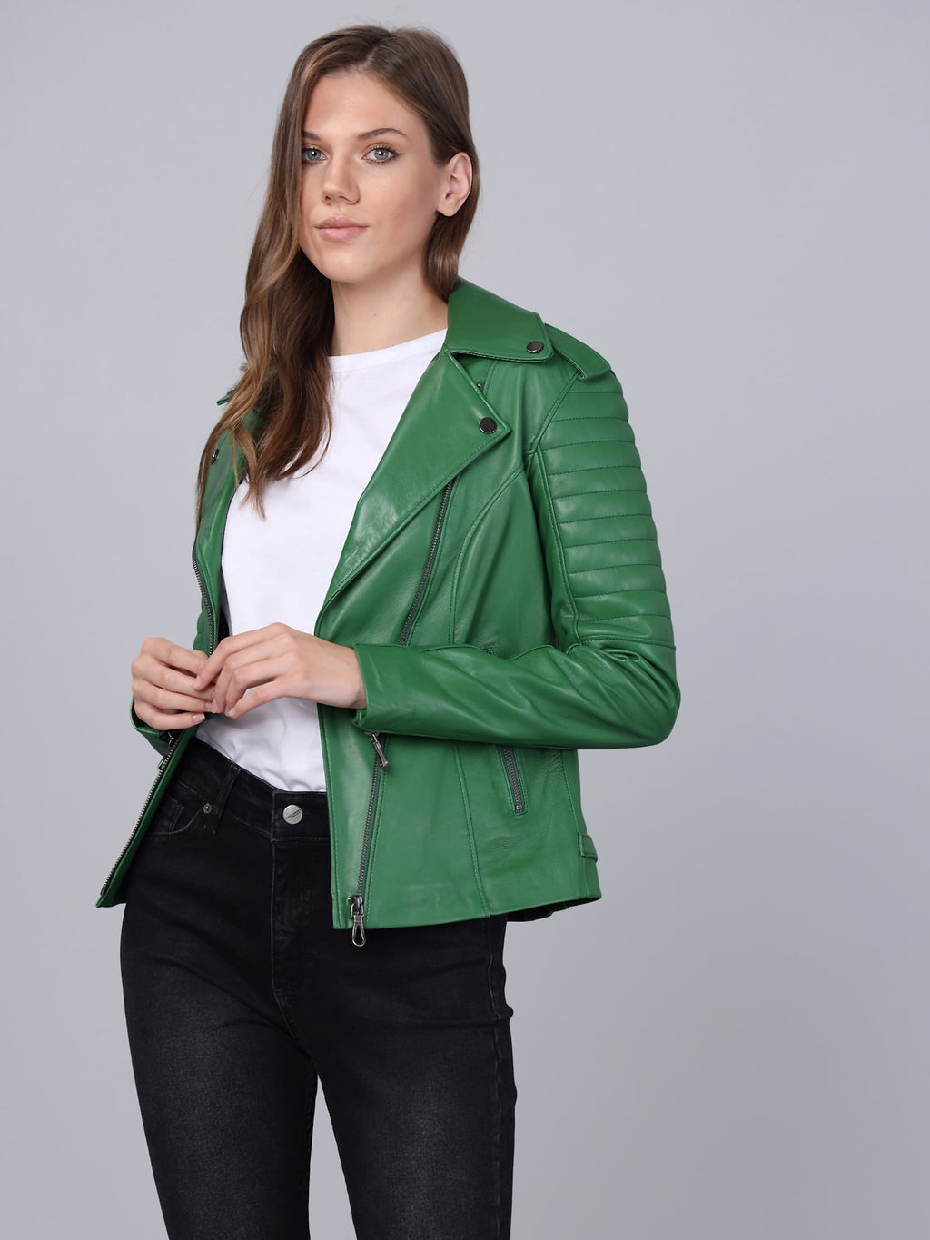 Kadin Biker Deri Ceket  Yesil - Image 2