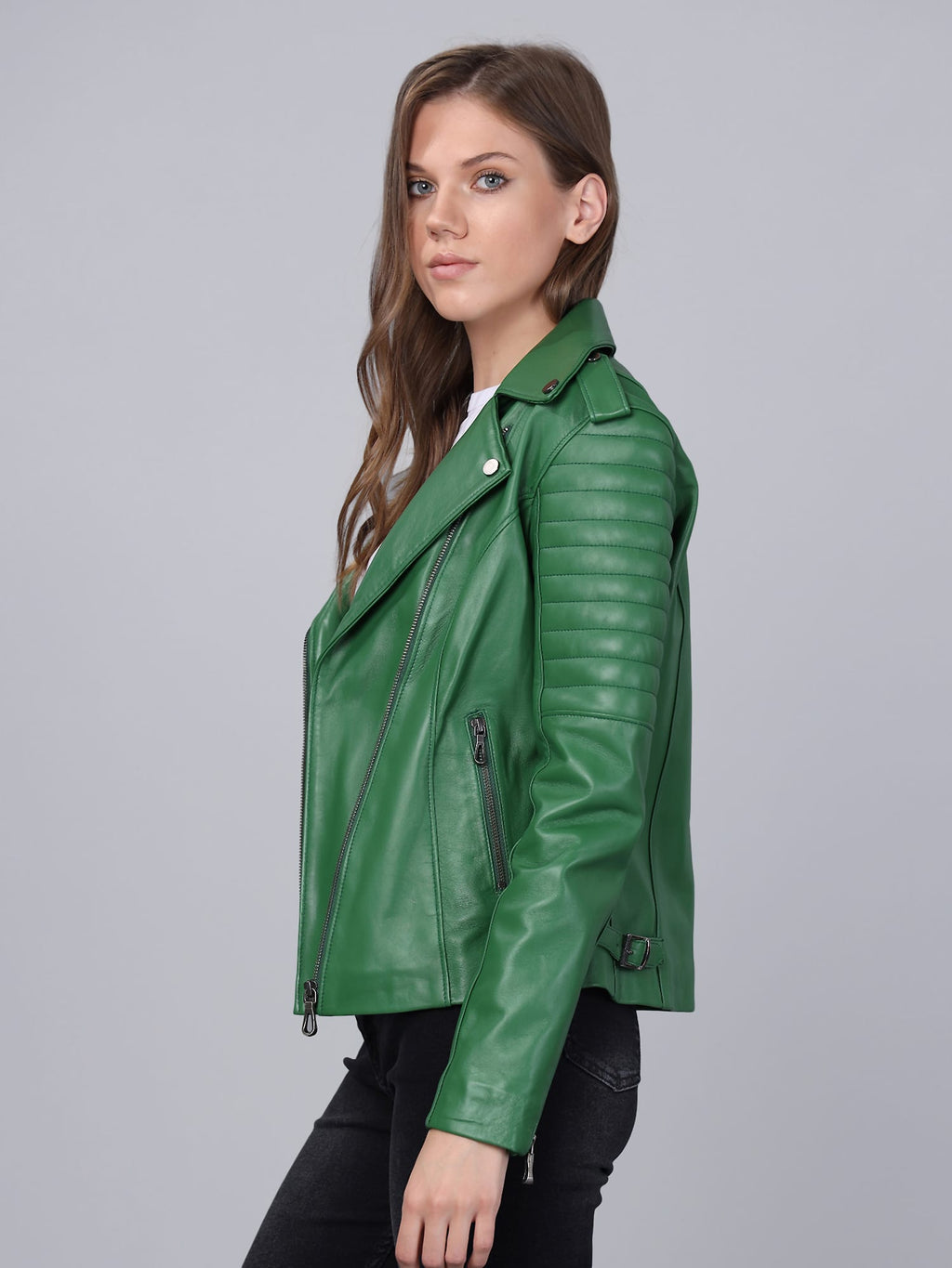 Kadin Biker Deri Ceket  Yesil - Image 3