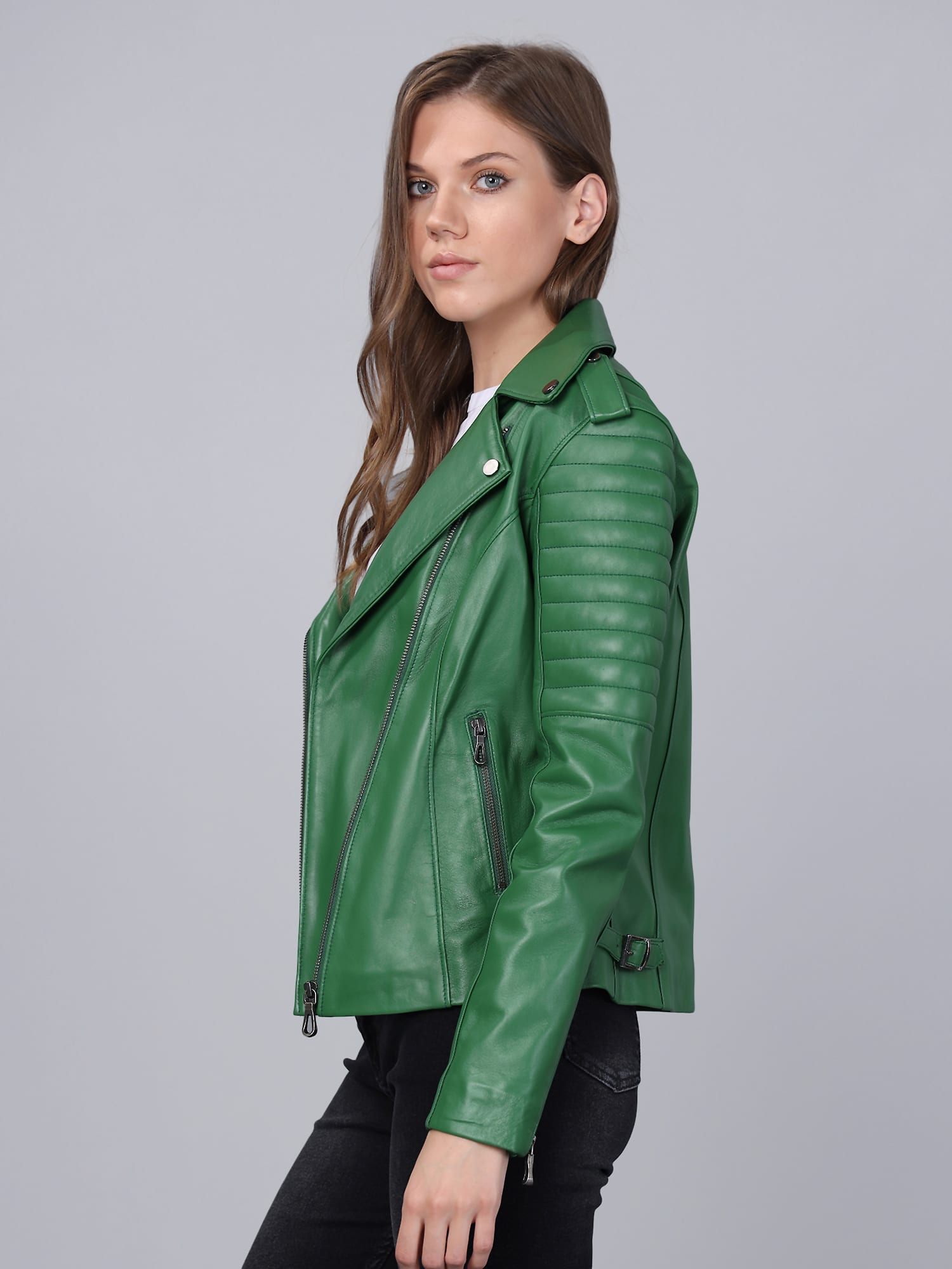 Kadin Biker Deri Ceket  Yesil - Image 3