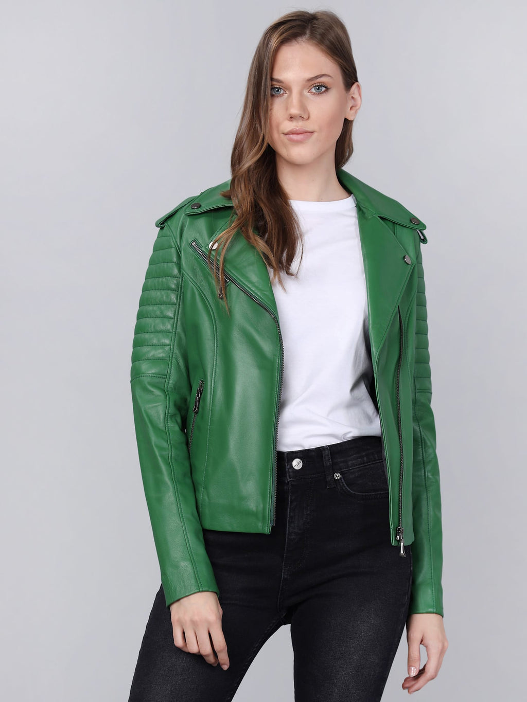 Kadin Biker Deri Ceket  Yesil - Image 4