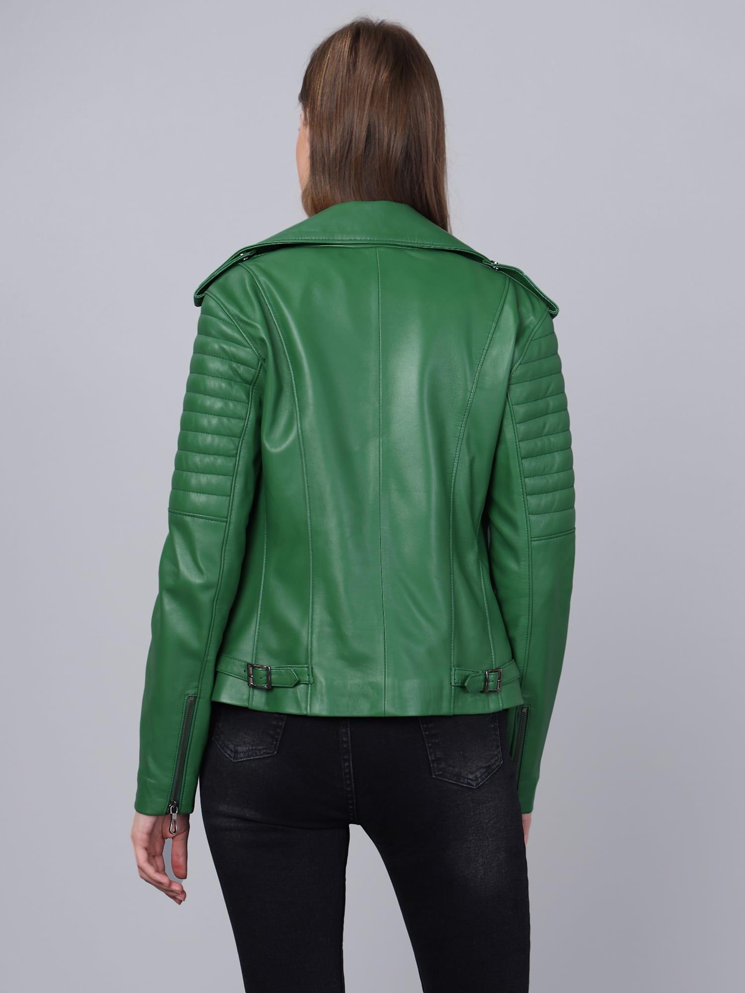 Kadin Biker Deri Ceket  Yesil - Image 5