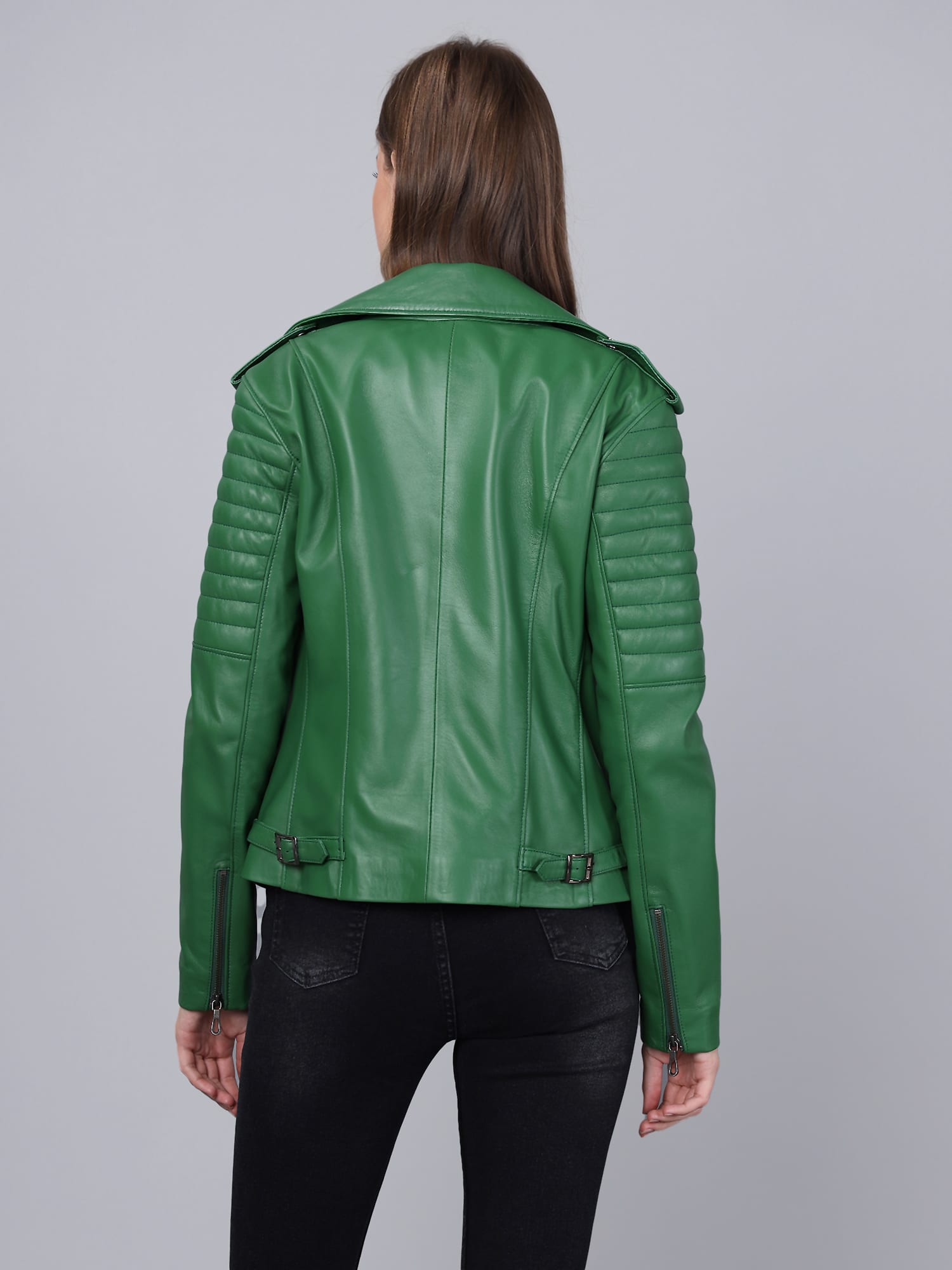 Kadin Biker Deri Ceket  Yesil - Image 6