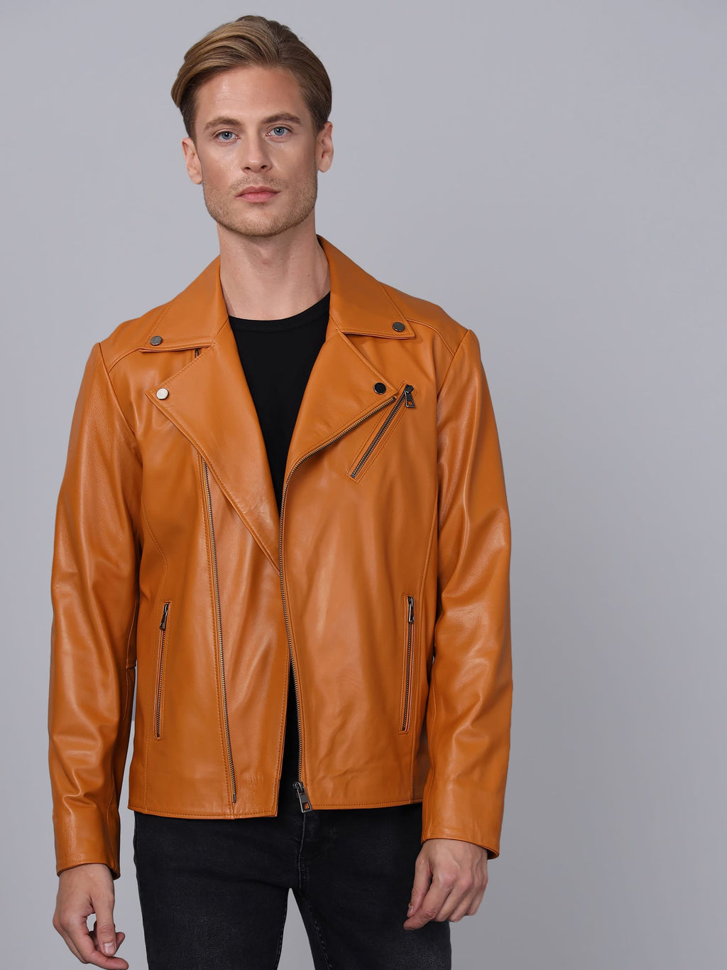 Erkek Biker Deri Ceket  Acik Kahverengi - Image 1