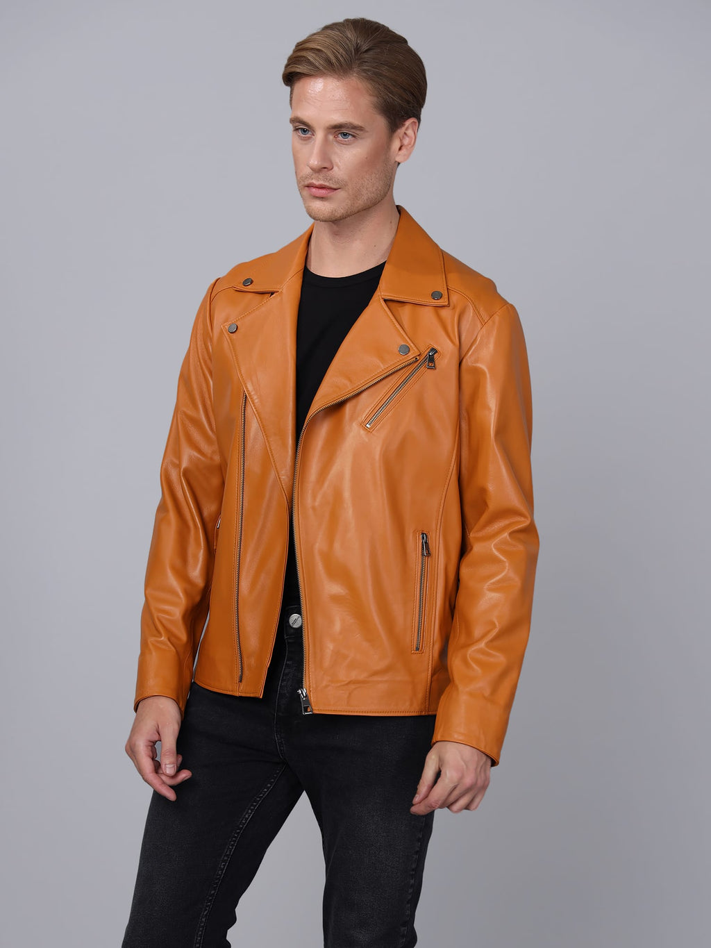 Erkek Biker Deri Ceket  Acik Kahverengi - Image 2