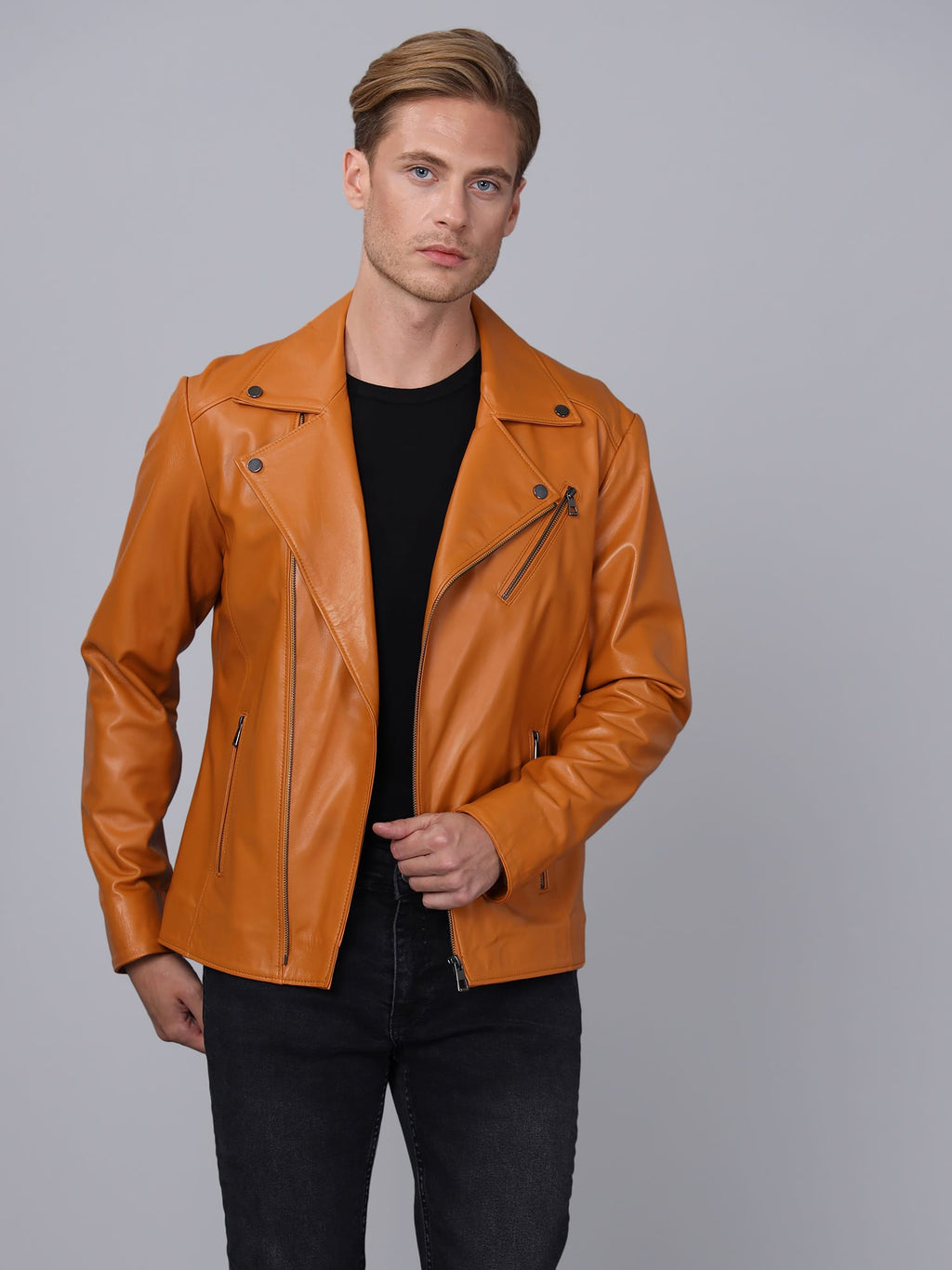 Erkek Biker Deri Ceket  Acik Kahverengi - Image 3