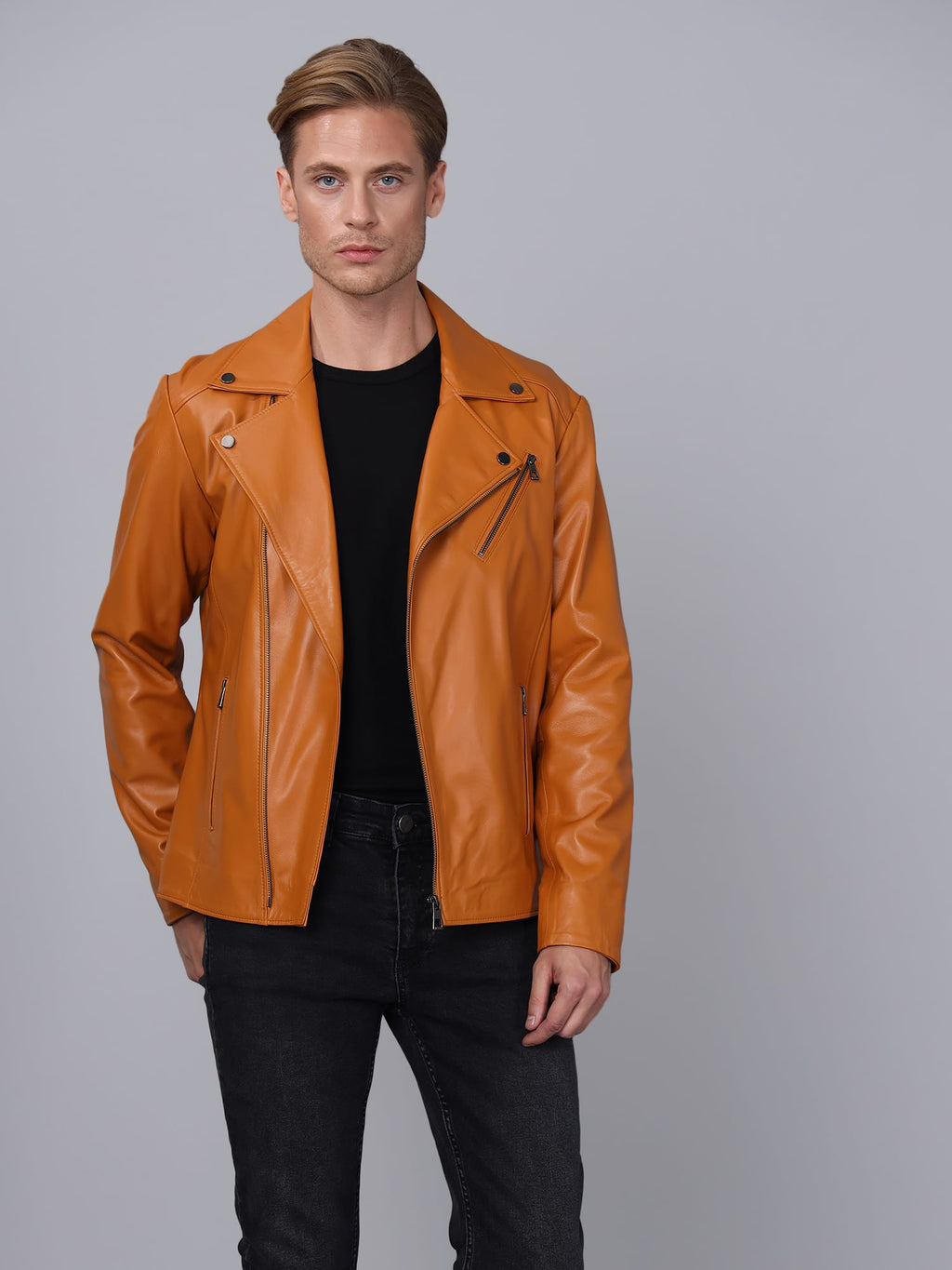 Erkek Biker Deri Ceket  Acik Kahverengi - Image 4