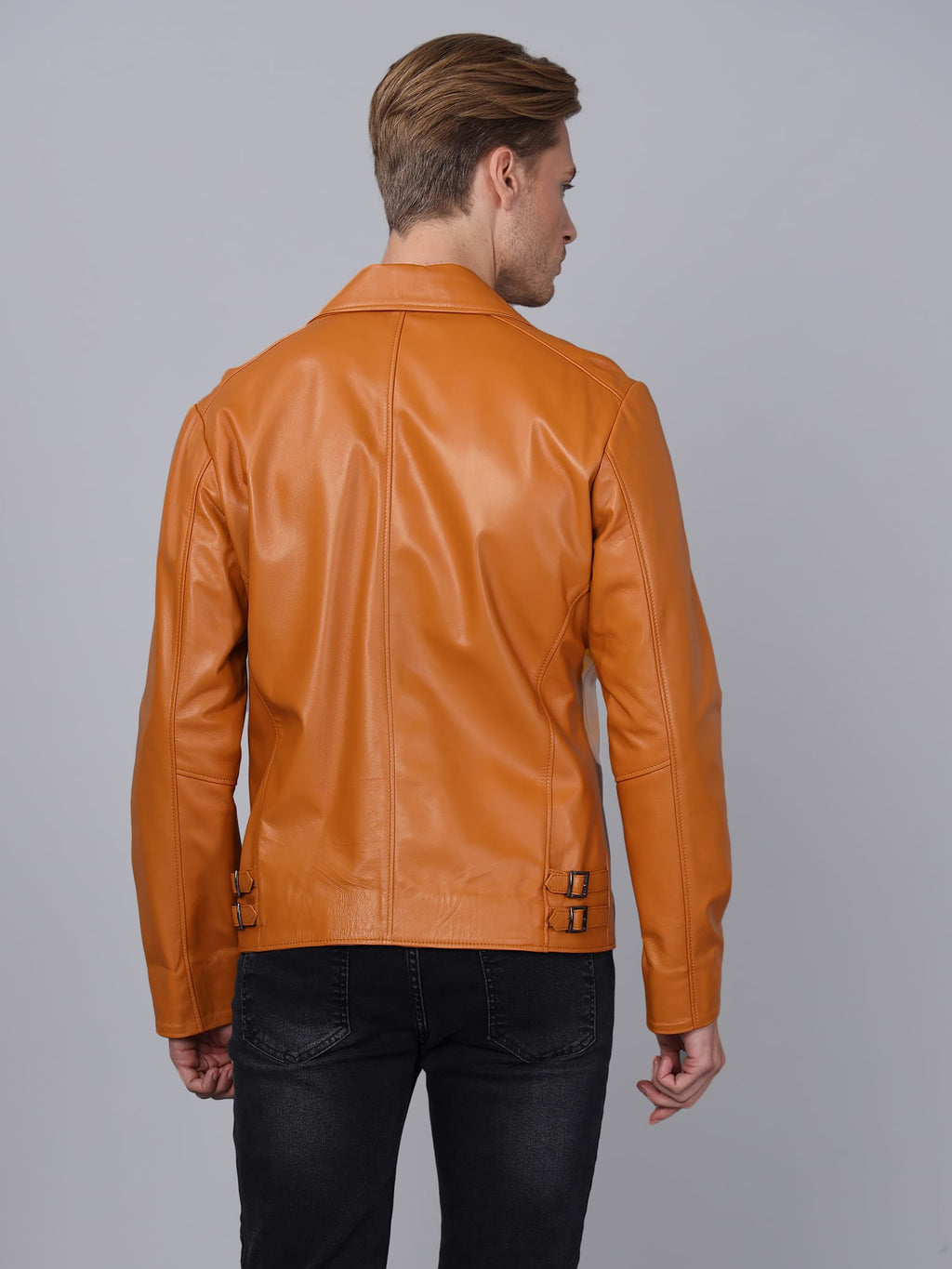 Erkek Biker Deri Ceket  Acik Kahverengi - Image 5